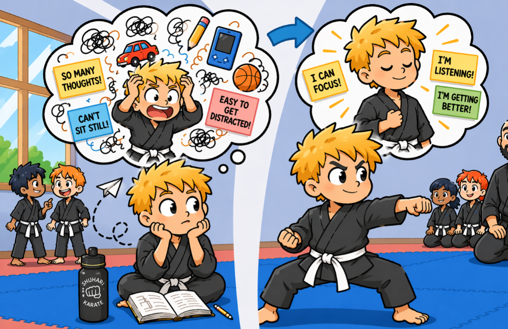 Child practising martial arts, building focus and discipline through structured training.