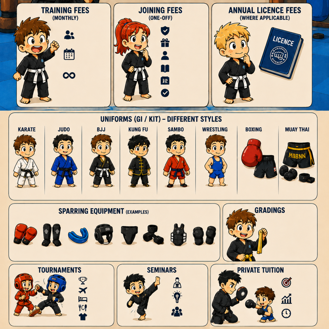 Martial arts training equipment including gloves, gi, belt and shin guards laid out with UK price tags