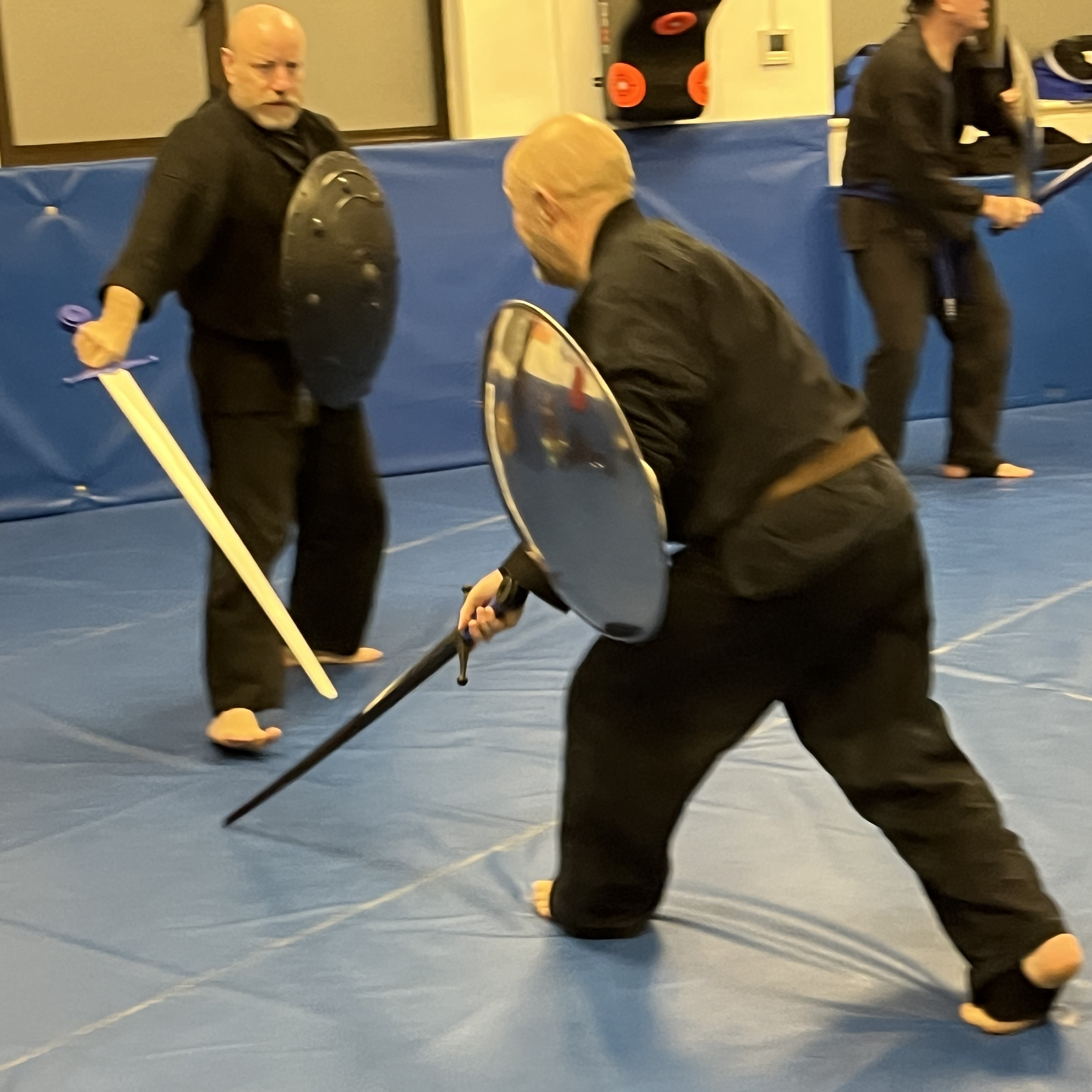 Brian Southon of Shuhari Self Defence Cippenham practicing HEMA Historical European Martial Arts basics with sword & shield