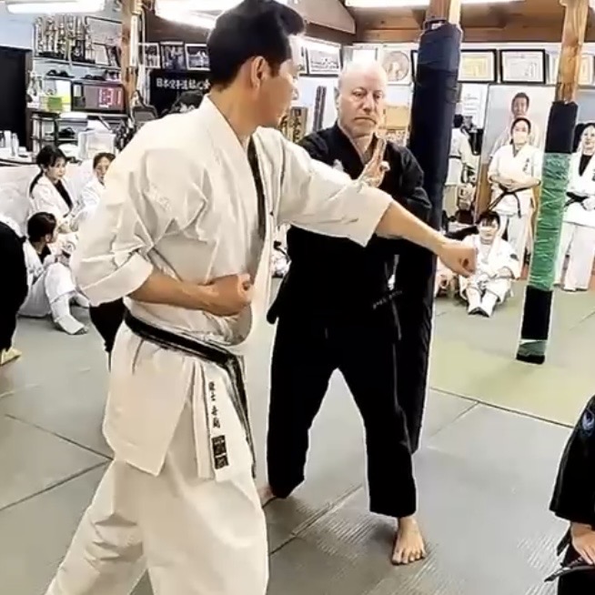 Brian Southon of Shuhari Self Defence Cippenham doing conditioning with Funakoshi Masaharu Sensei in Ichinomiya Japan