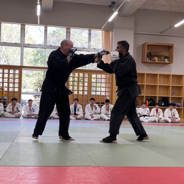 Brian Southon of Shuhari Self Defence Cippenham demonstrating karate sparring in a Judo class in Kogakkan school Japan Brian Southon of Shuhari Self Defence Cippenham demonstrating karate sparring in a Judo class in Kogakkan school Japan