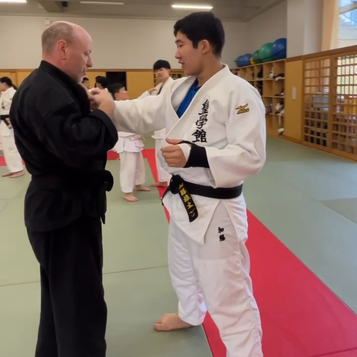 Brian Southon of Shuhari Self Defence Cippenham practising Judo grips in Kogakkan school Japan