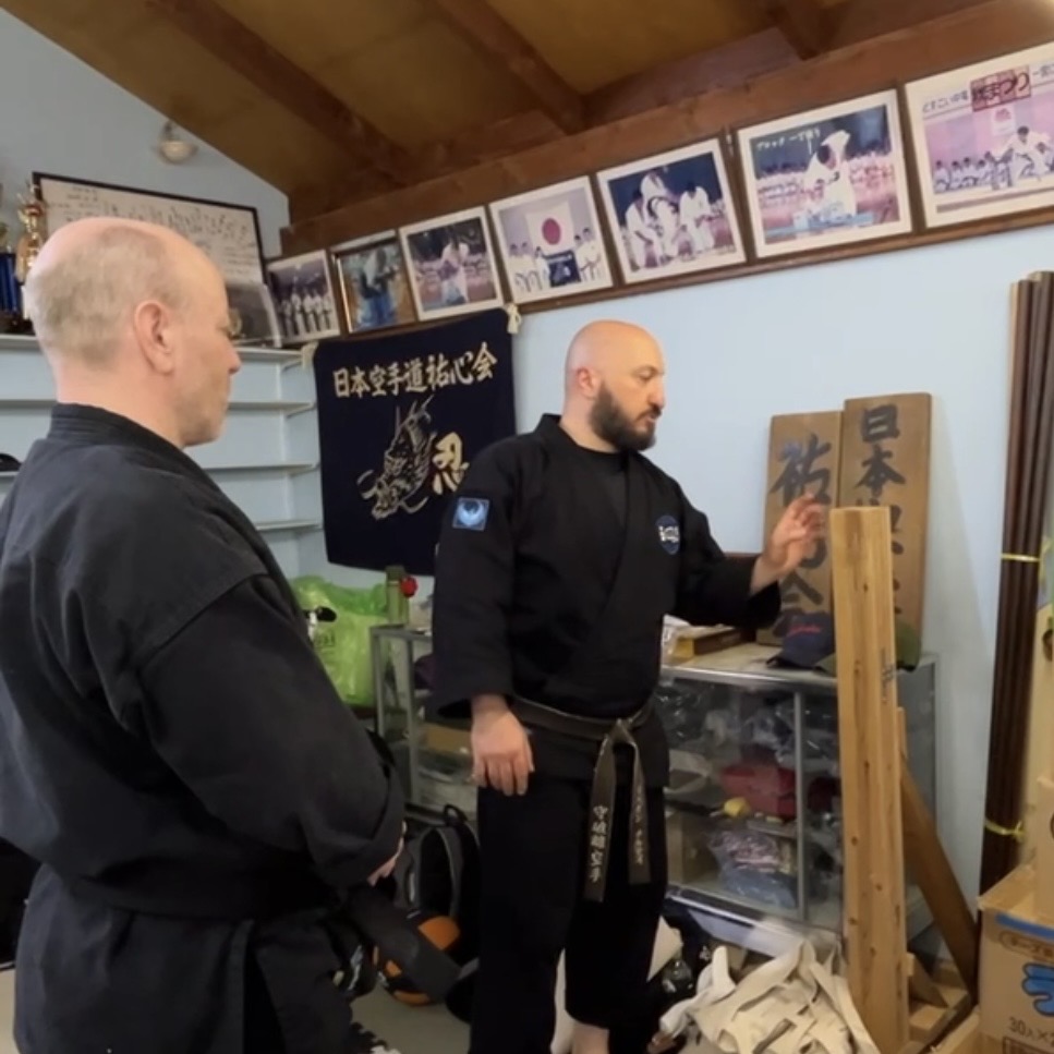 Brian Southon of Shuhari Self Defence Cippenham practicing makiwara with his instructor Olgun Tiltay Brian Southon of Shuhari Self Defence Cippenham practicing makiwara with his instructor Olgun Tiltay