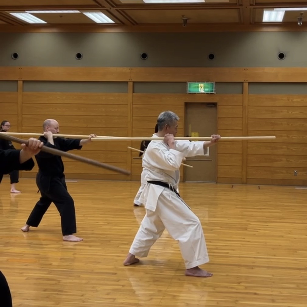 Brian Southon of Shuhari Self Defence Cippenham learning traditional weapons in Nagoya Japan from Hideki Yamada Sensei