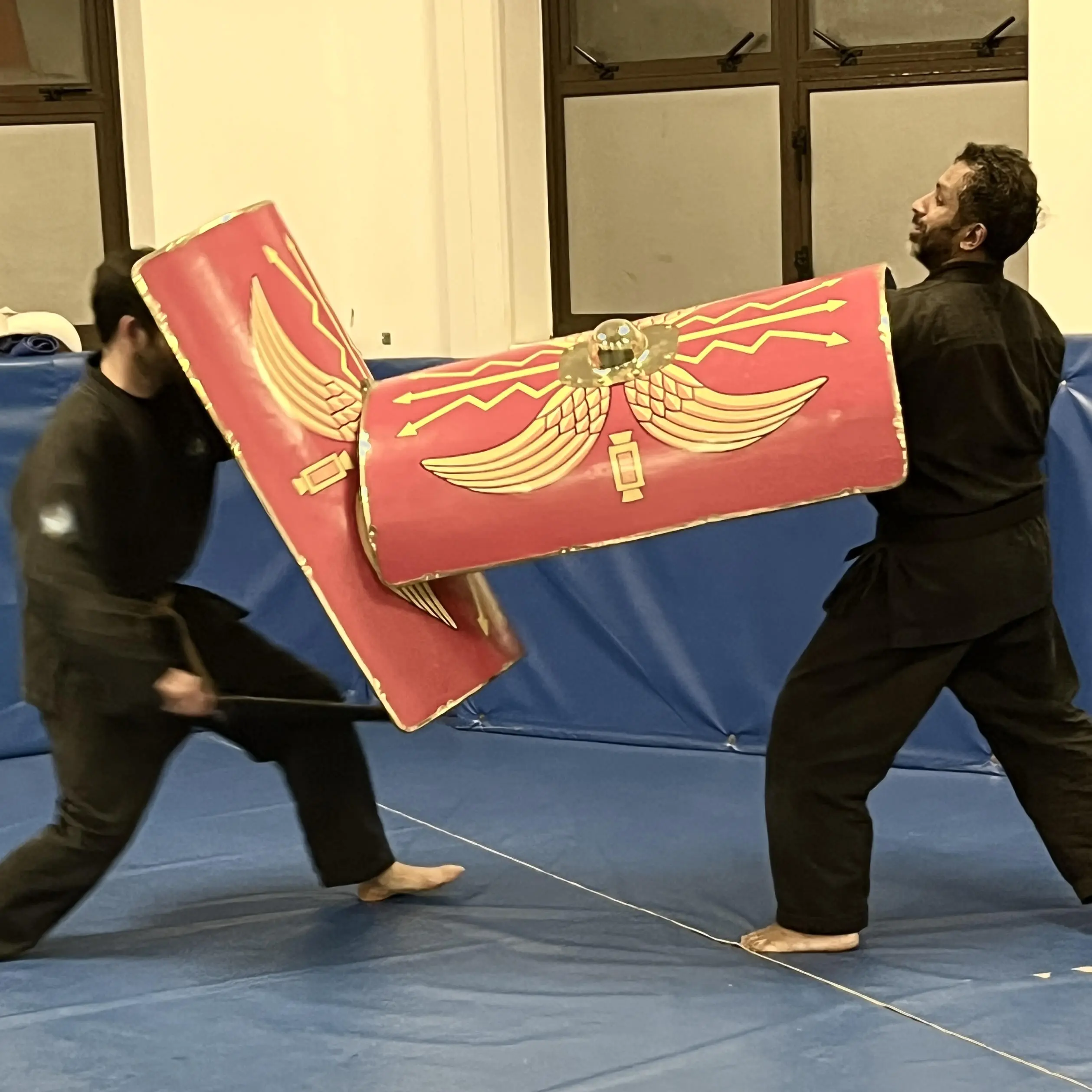 John Moses of Shuhari Self Defence Bracknell learning how to use a Roman tower shield scutum