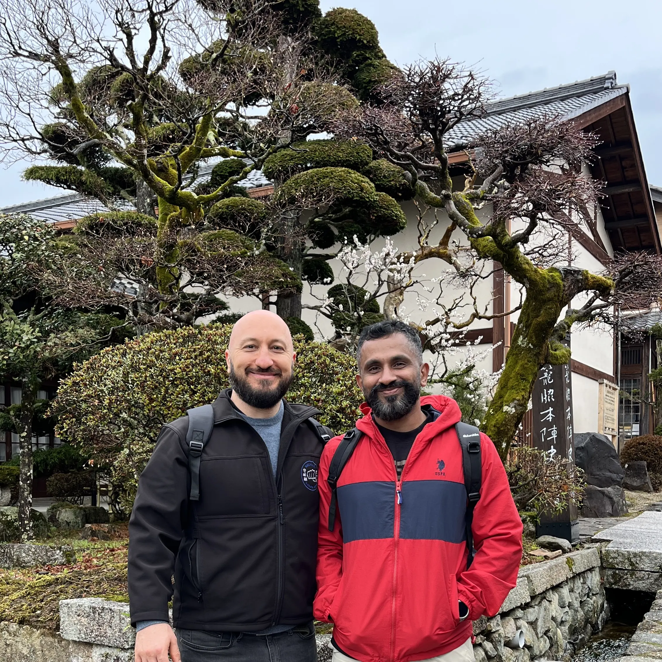 John Moses of Shuhari Self Defence Bracknell with his instructor Olgun Tiltay hiking in the Nakasendo Trail Japan