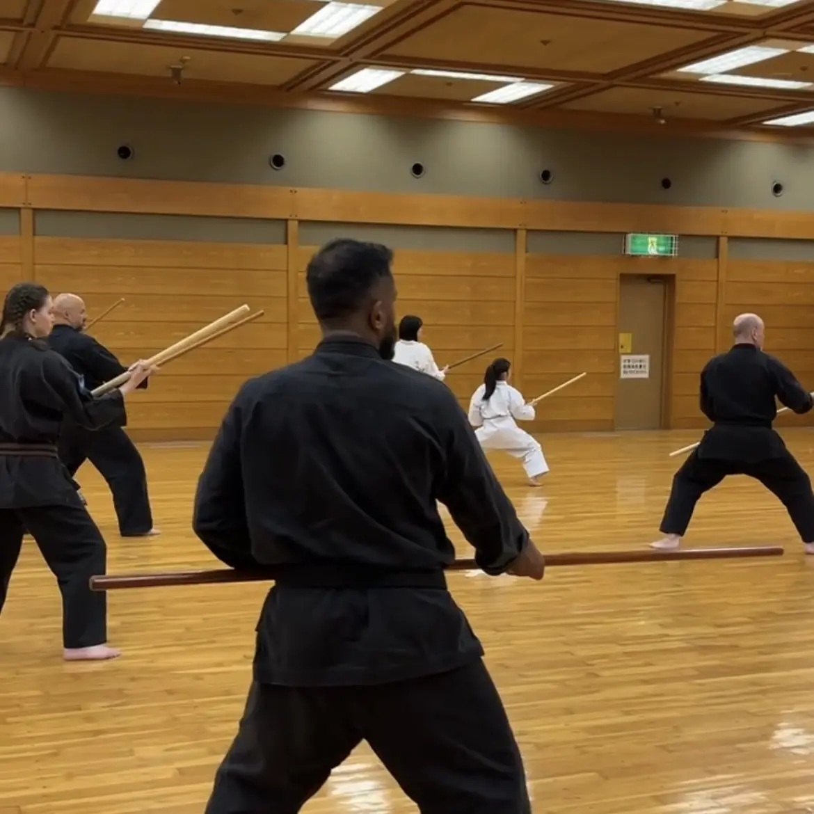 John Moses of Shuhari Self Defence Bracknell learning Karate & Kobudo in Nagoya Japan from Hideki Yamada Sensei [9th Dan Shorin-Ryu Karate]
