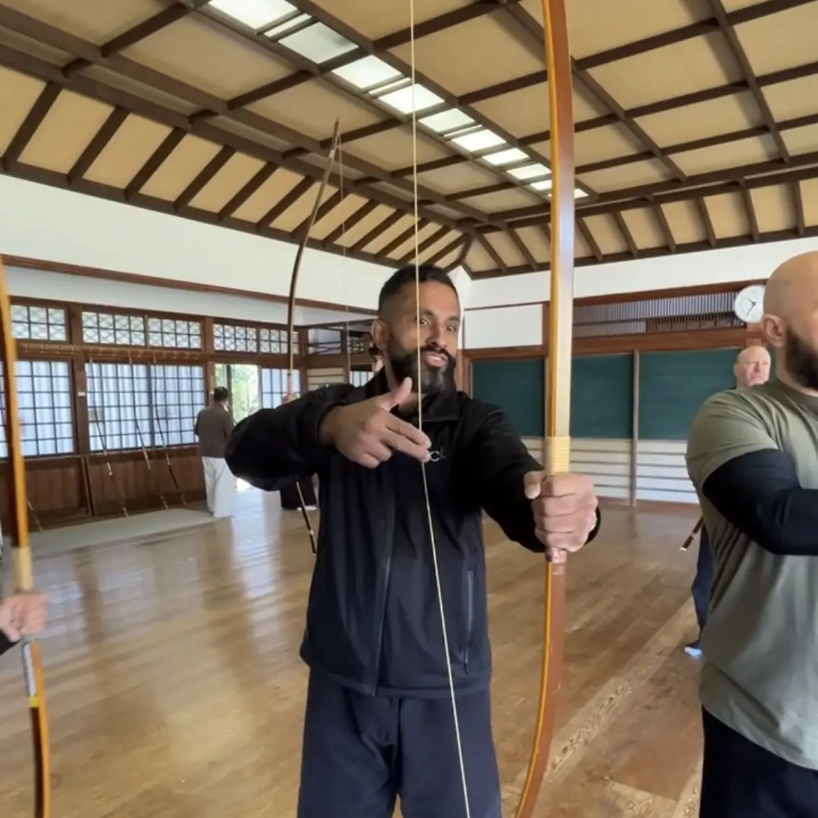 John Moses of Shuhari Self Defence Bracknell learning traditional Japanese archery in Mie Prefecture Japan from Urano Yuji Sensei [7th Dan Kyudo]